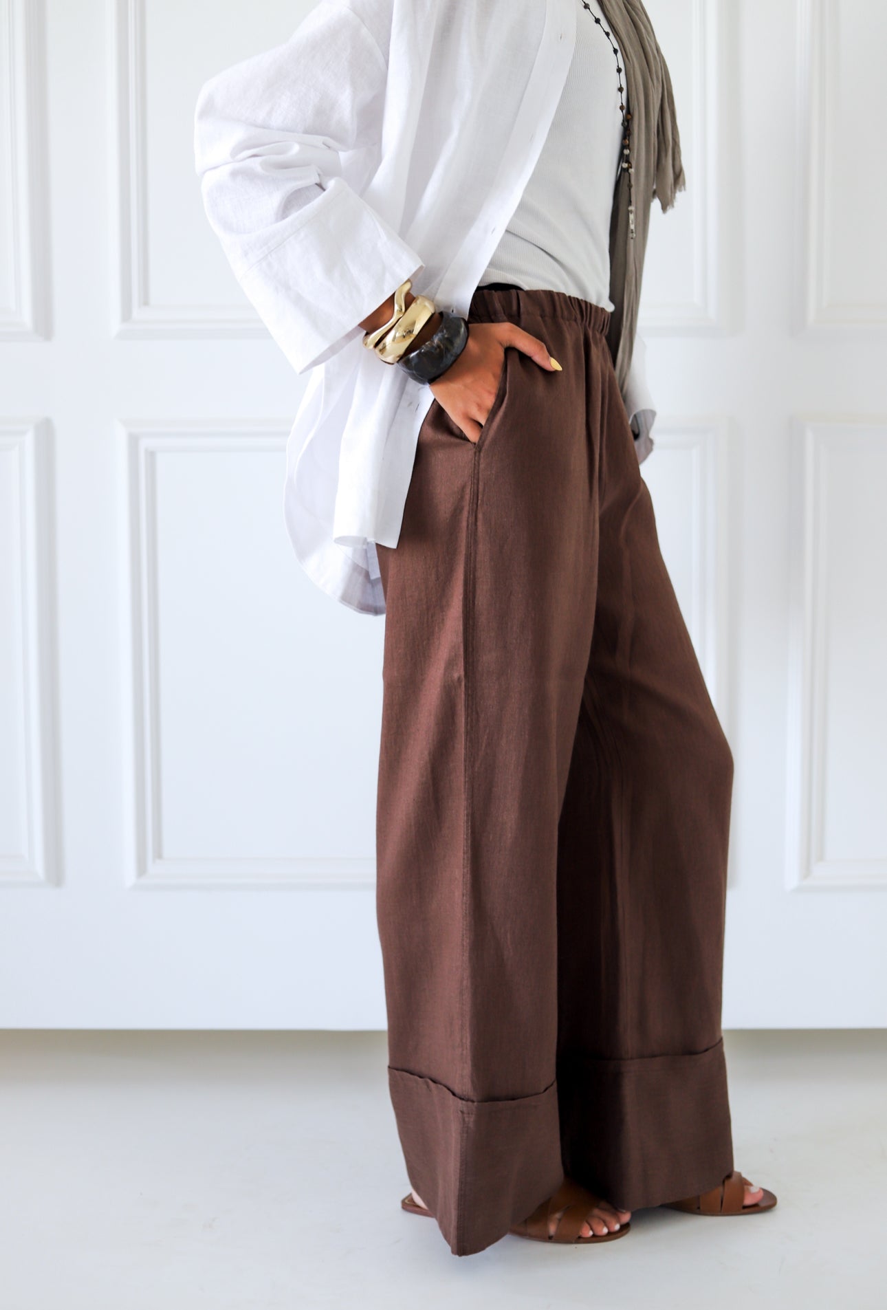 Folded 100% Linen Trousers - Brown