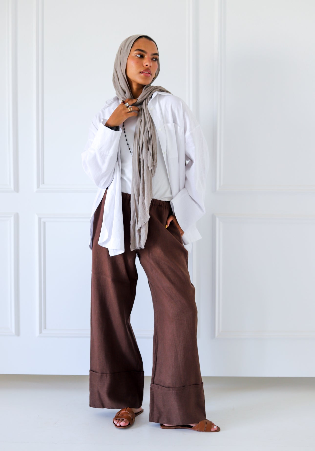 Folded 100% Linen Trousers - Brown