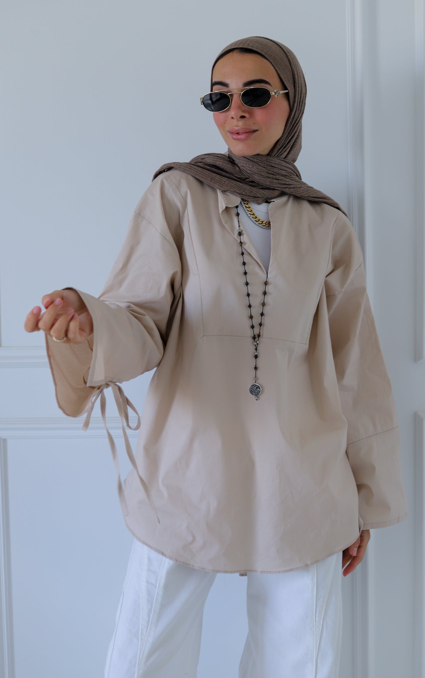 Ribbon Sleeves Shirt — Beige
