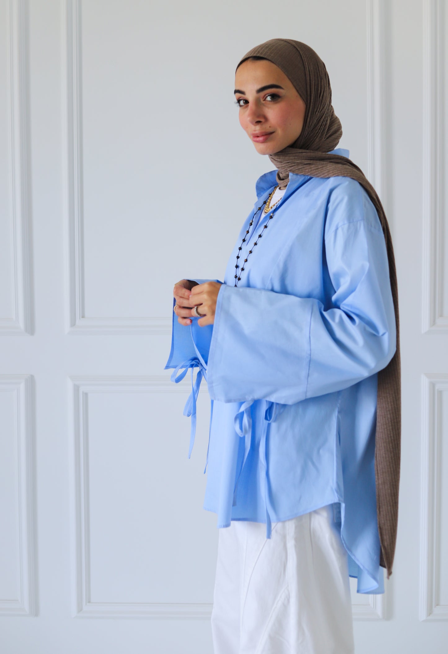 Ribbon Sleeves Shirt — Baby Blue