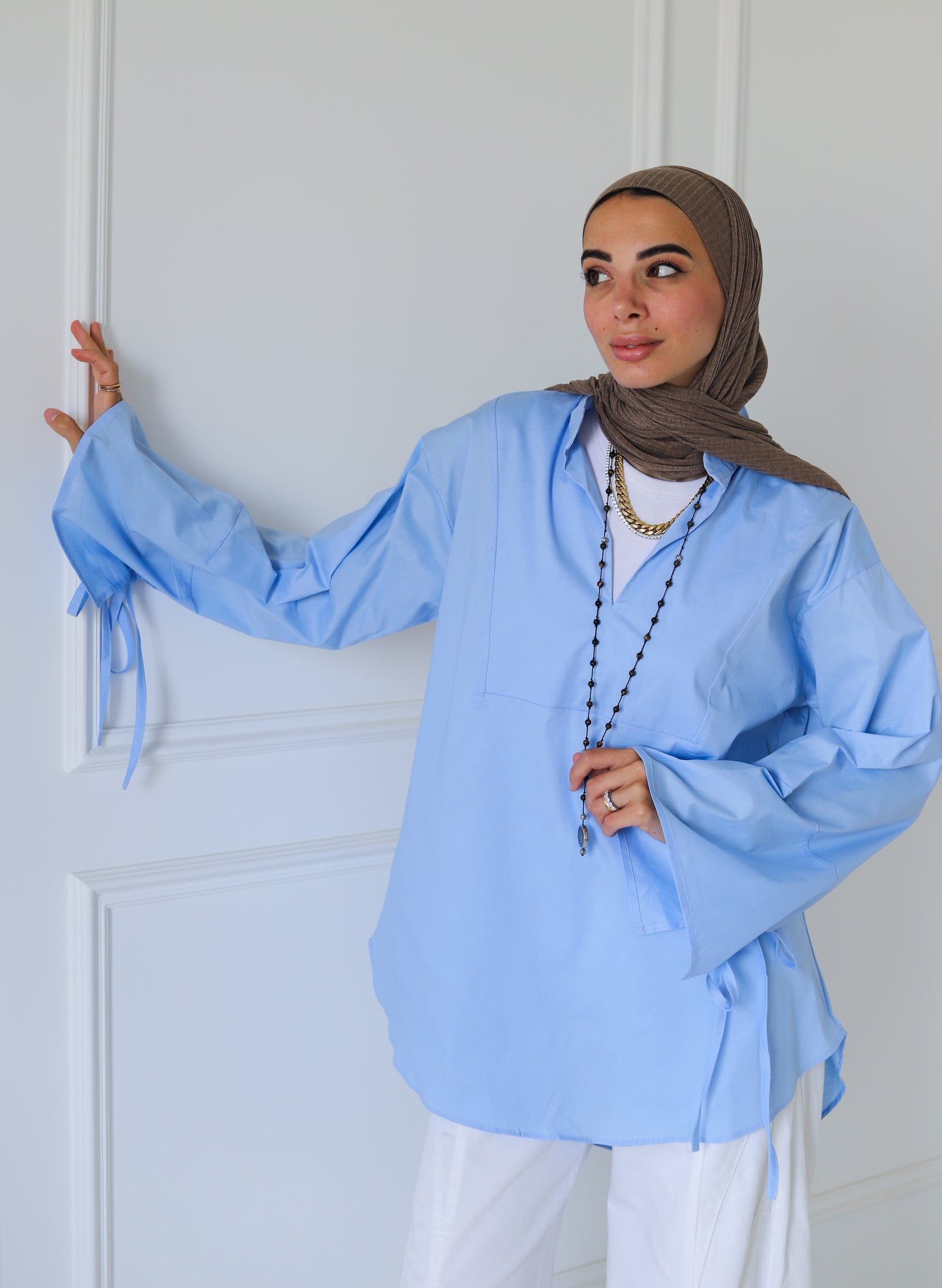 Ribbon Sleeves Shirt — Baby Blue