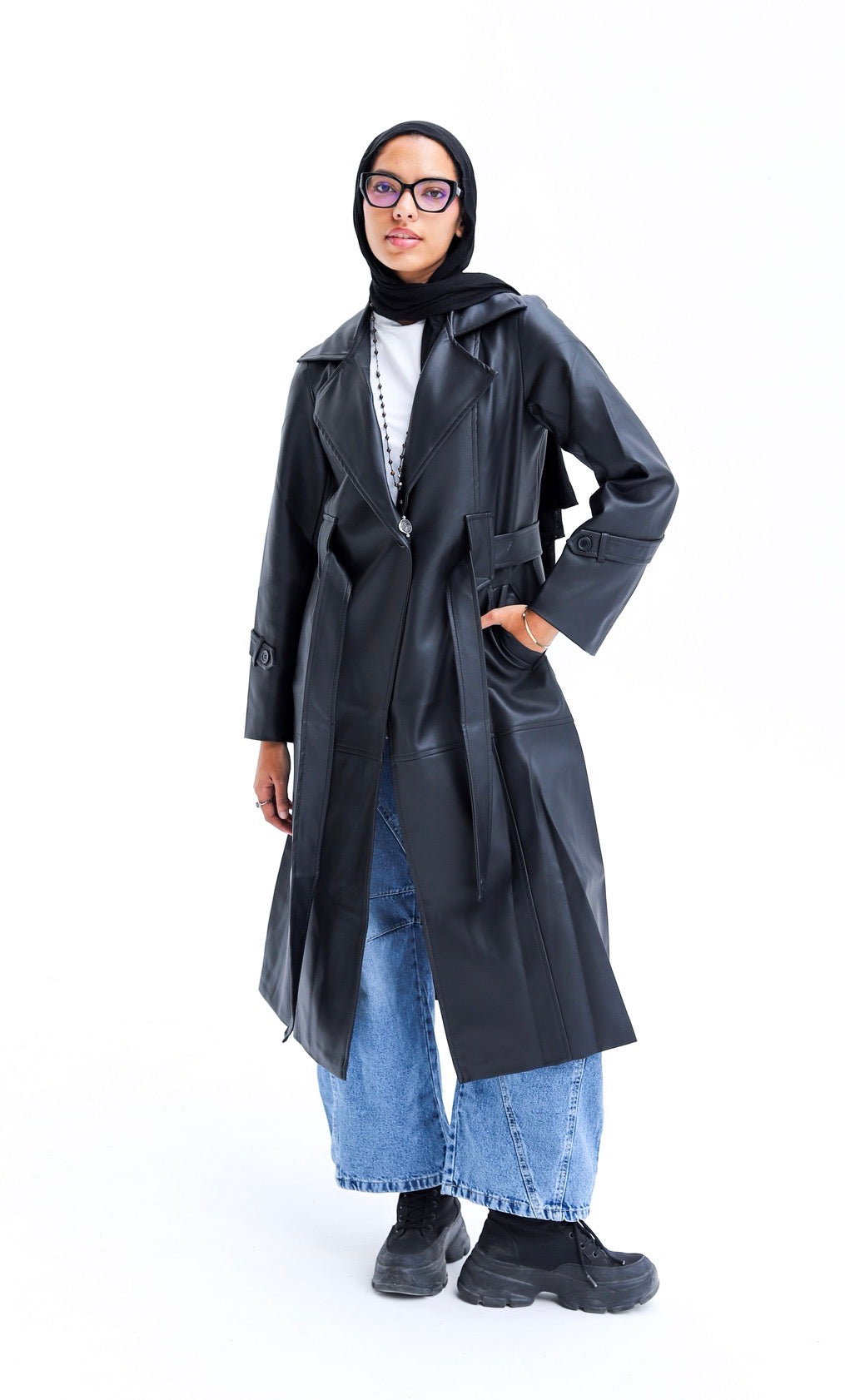 Faux Leather Coat — Black