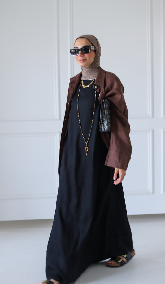 Folded Sleeveless 100% Linen Dress — Black