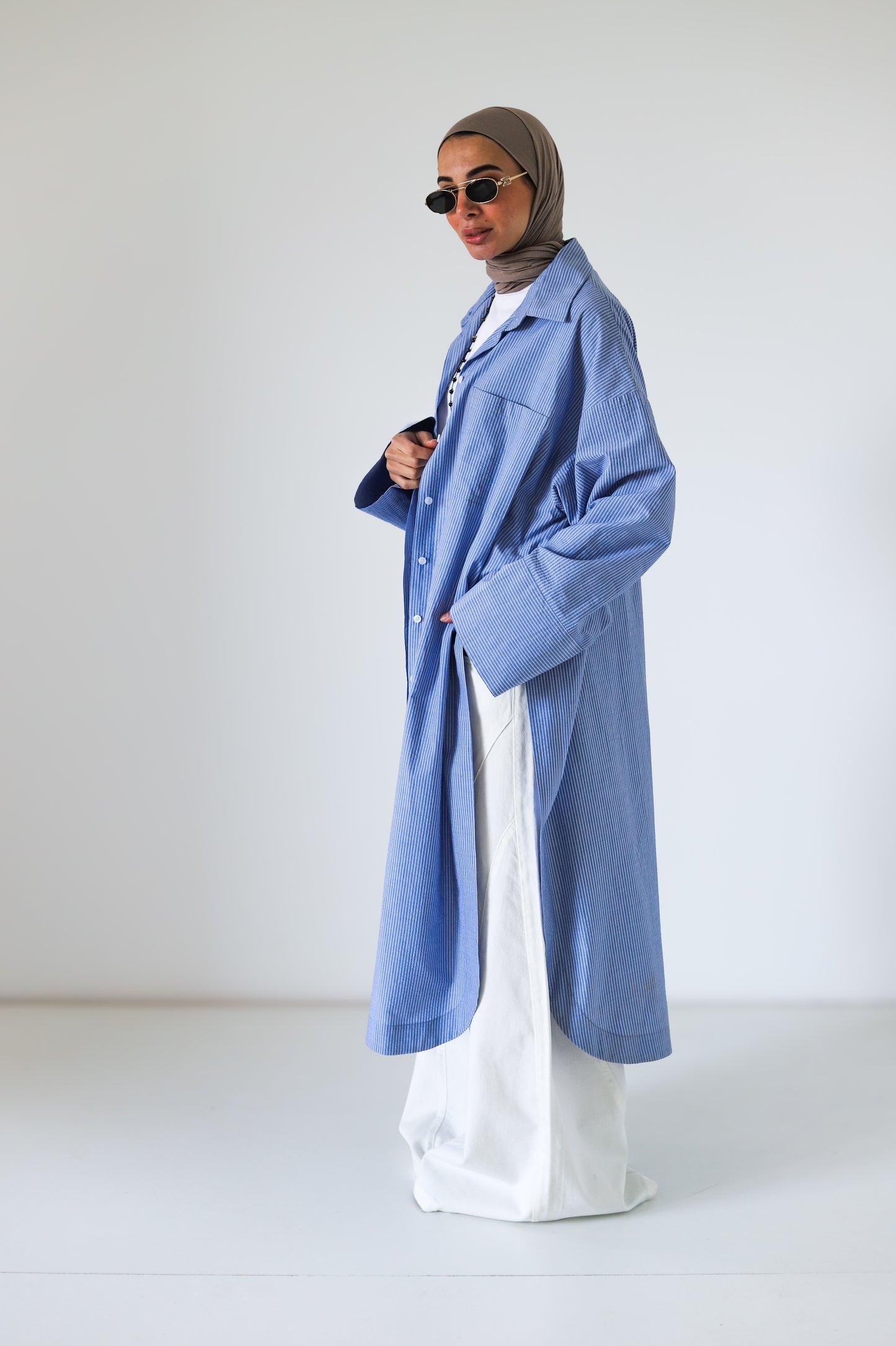 Open Slits Kimono Shirt - Blue Stripes