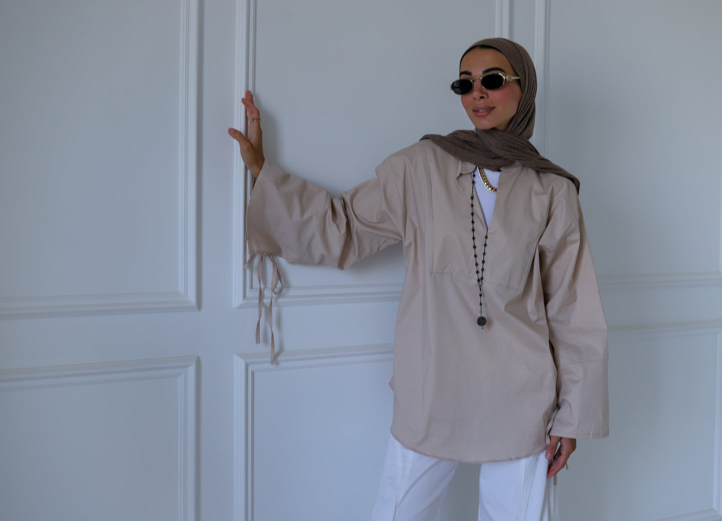 Ribbon Sleeves Shirt — Beige