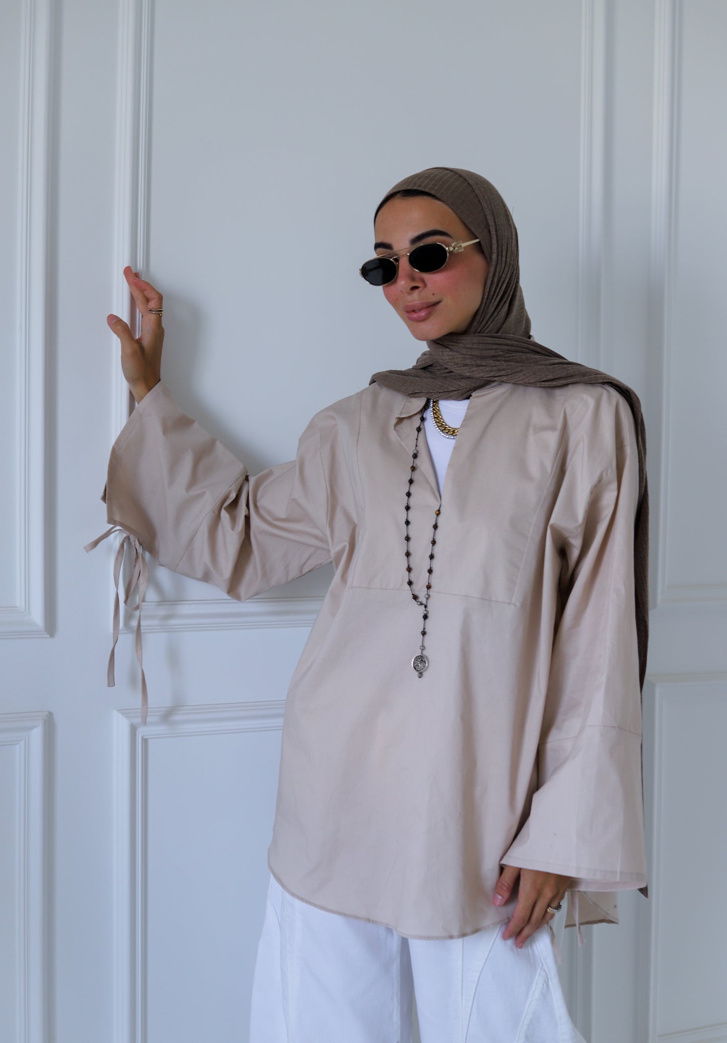 Ribbon Sleeves Shirt — Beige
