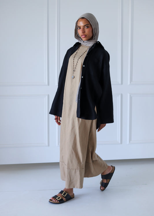 Folded Sleeveless 100% Linen Dress — Beige