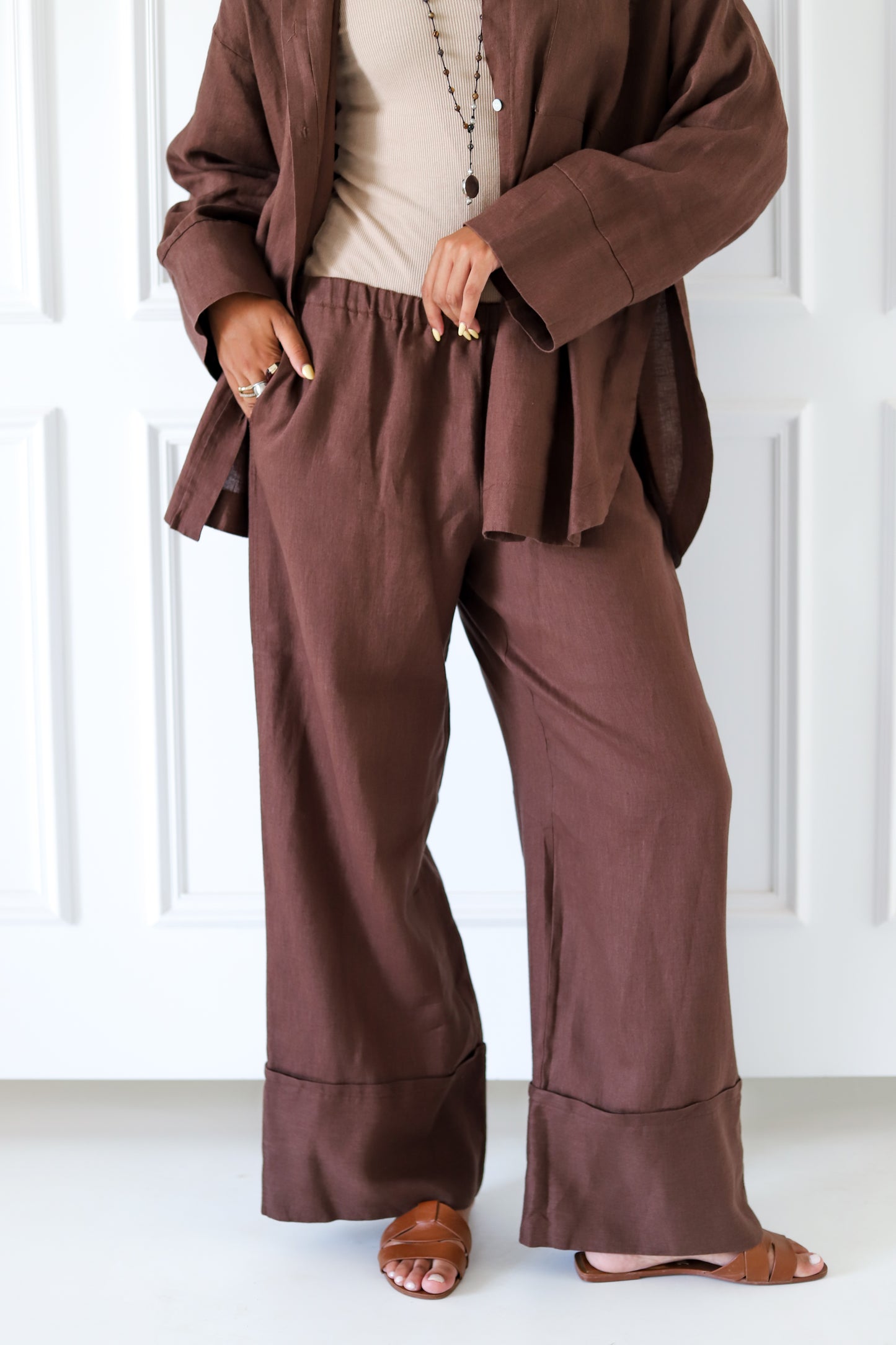 Folded 100% Linen Trousers - Brown