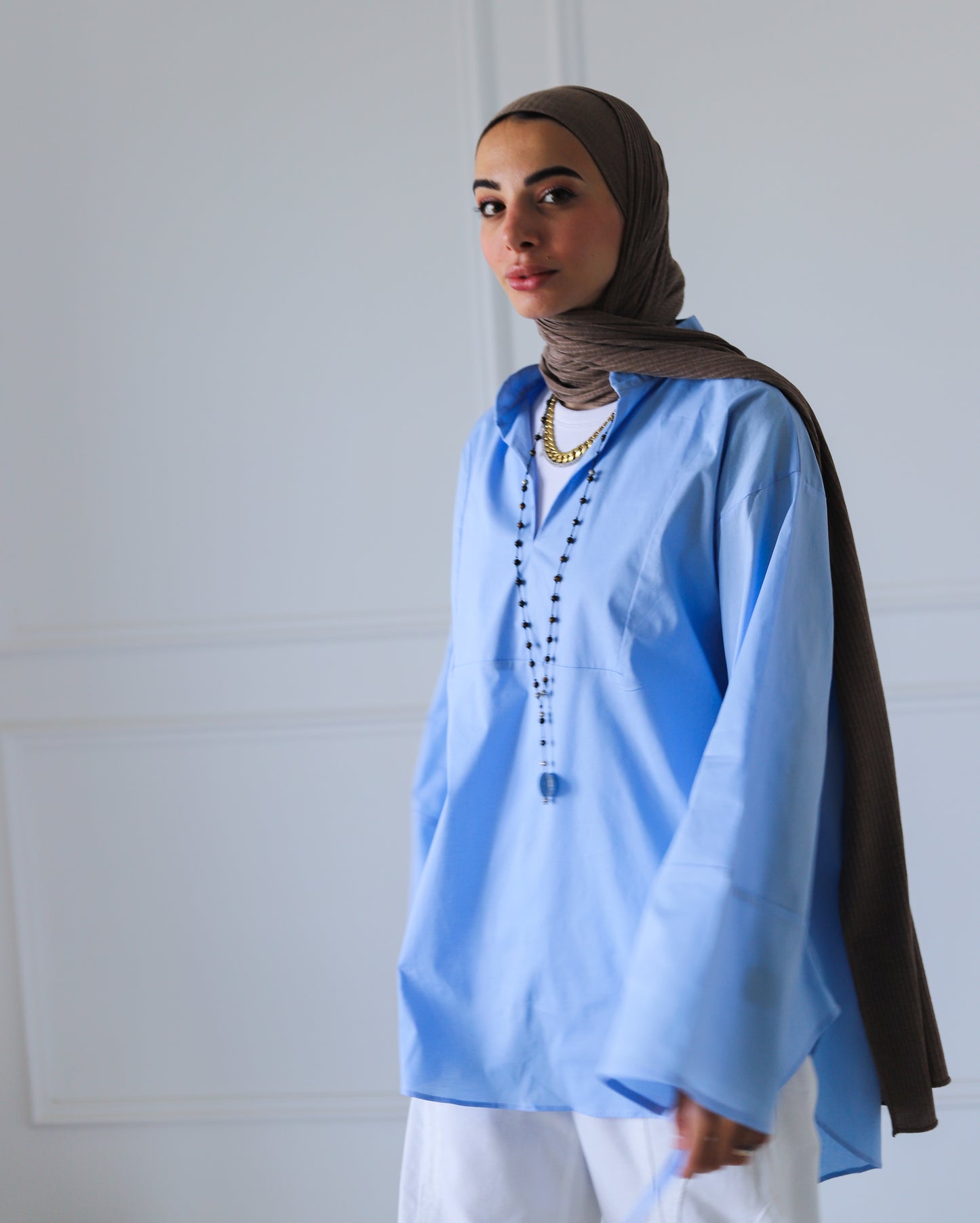 Ribbon Sleeves Shirt — Baby Blue