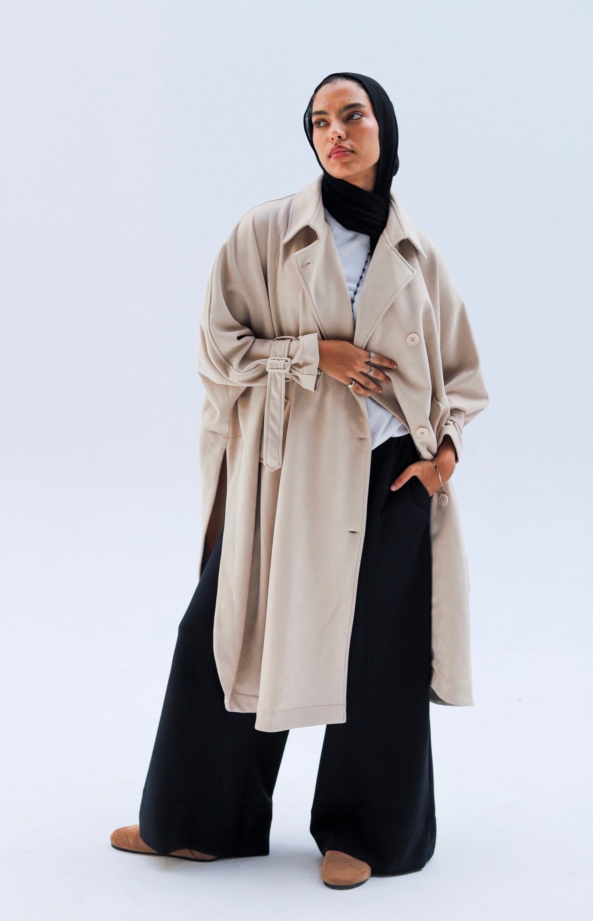 Open Sided Seude Coat — Pearl Beige