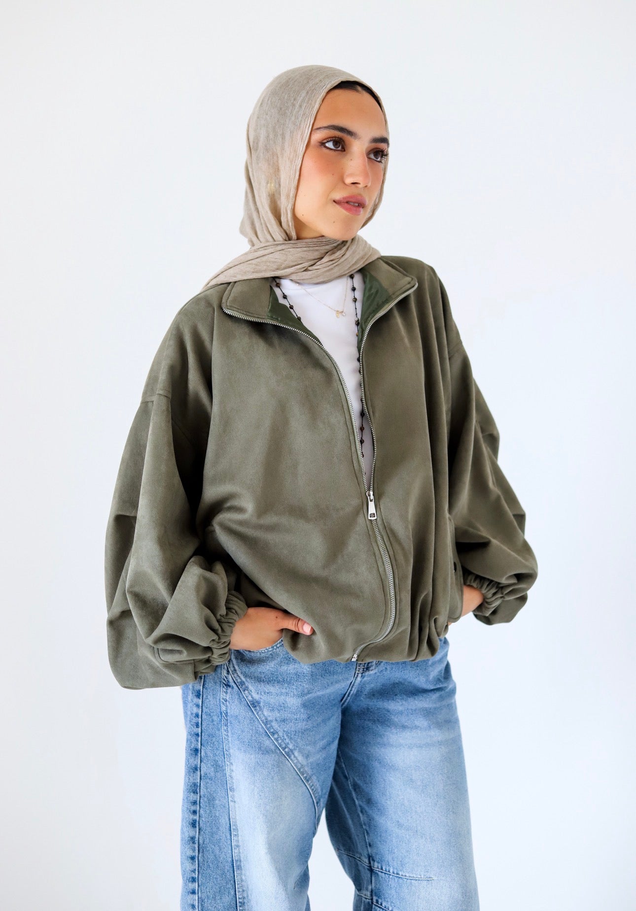 Bomber Suede Jacket — Olive