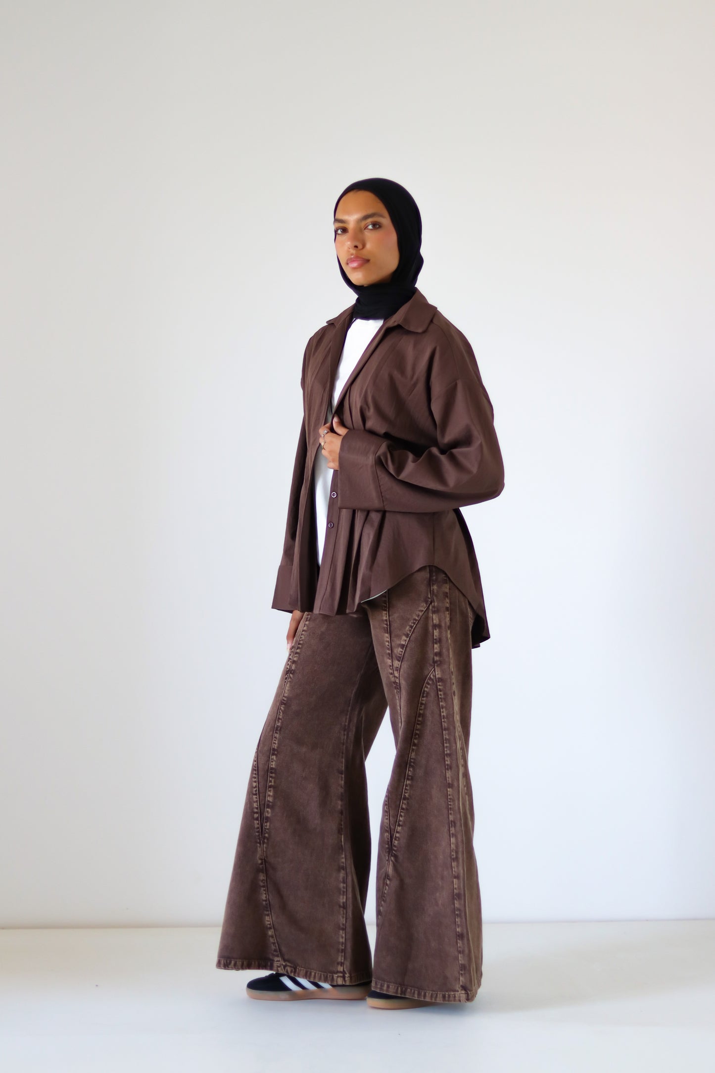Pleated Round Shirt — Brown