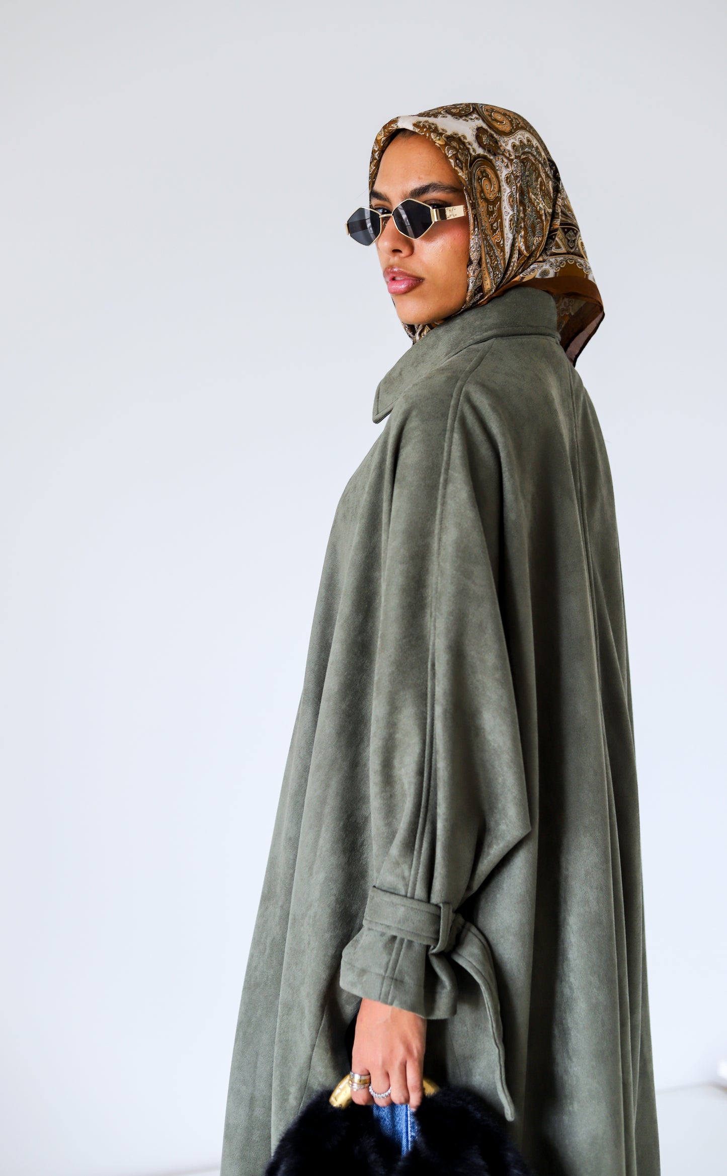 Open Sided Suede Coat — Olive