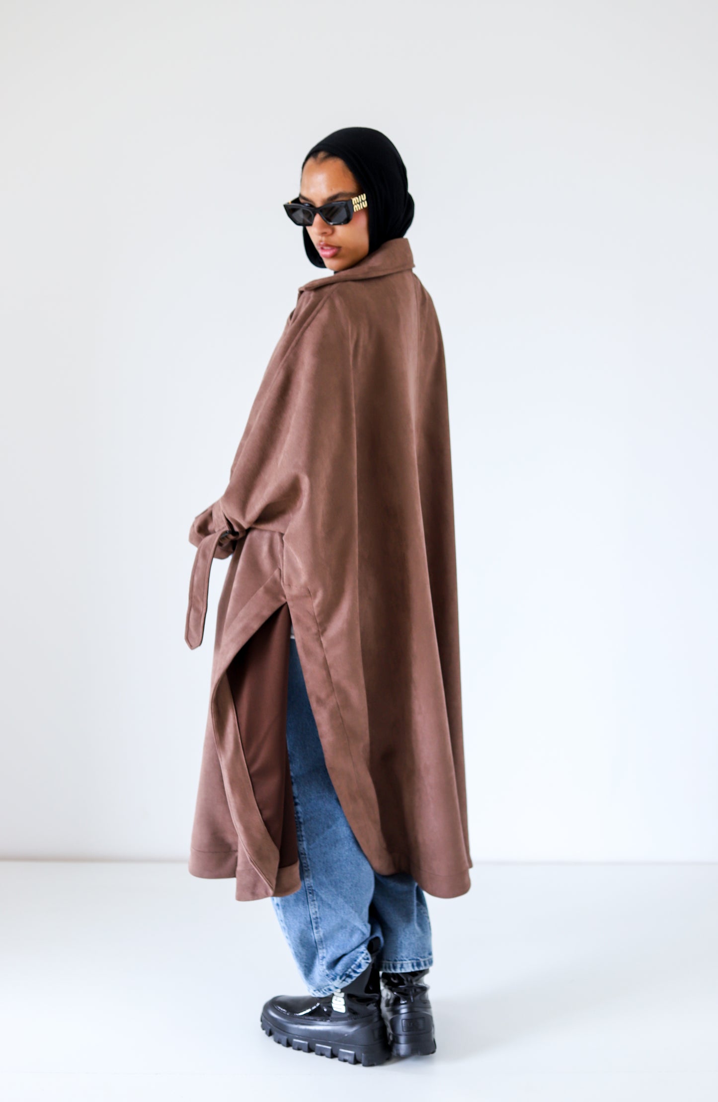 Open Sided Suede Coat — Brown