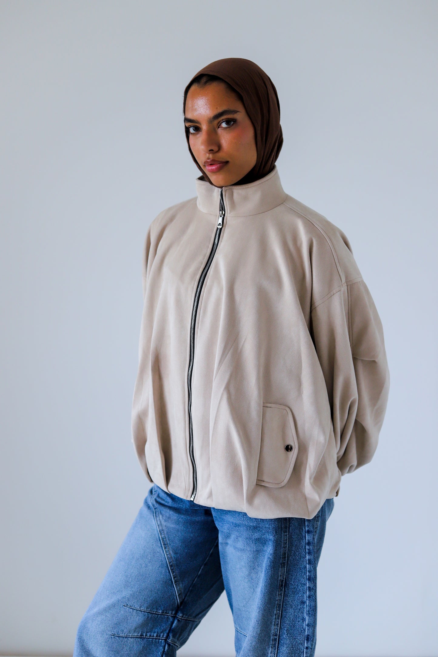 Bomber Suede Jacket — Pearl Beige