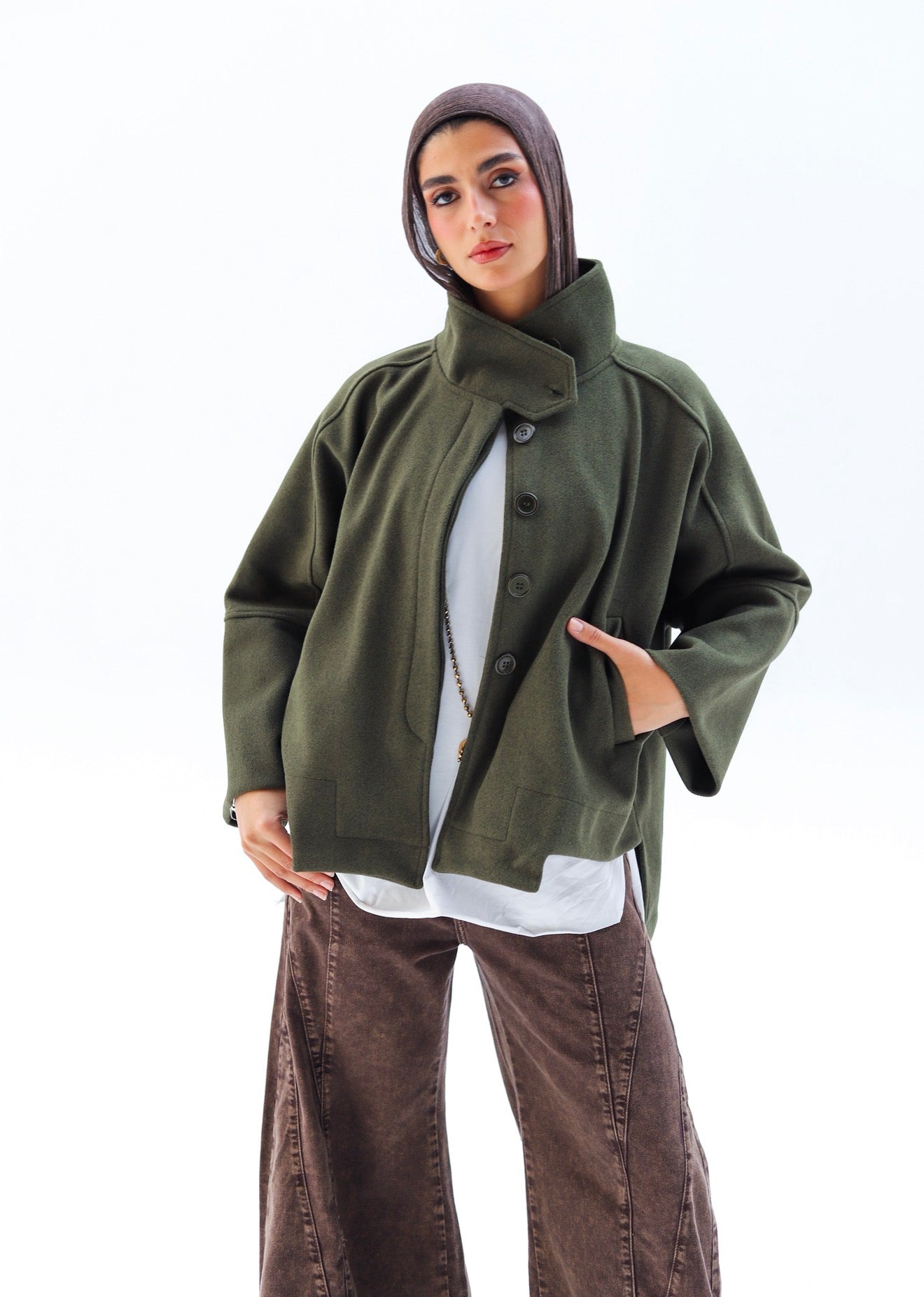 Wool High Low Jacket — Olive