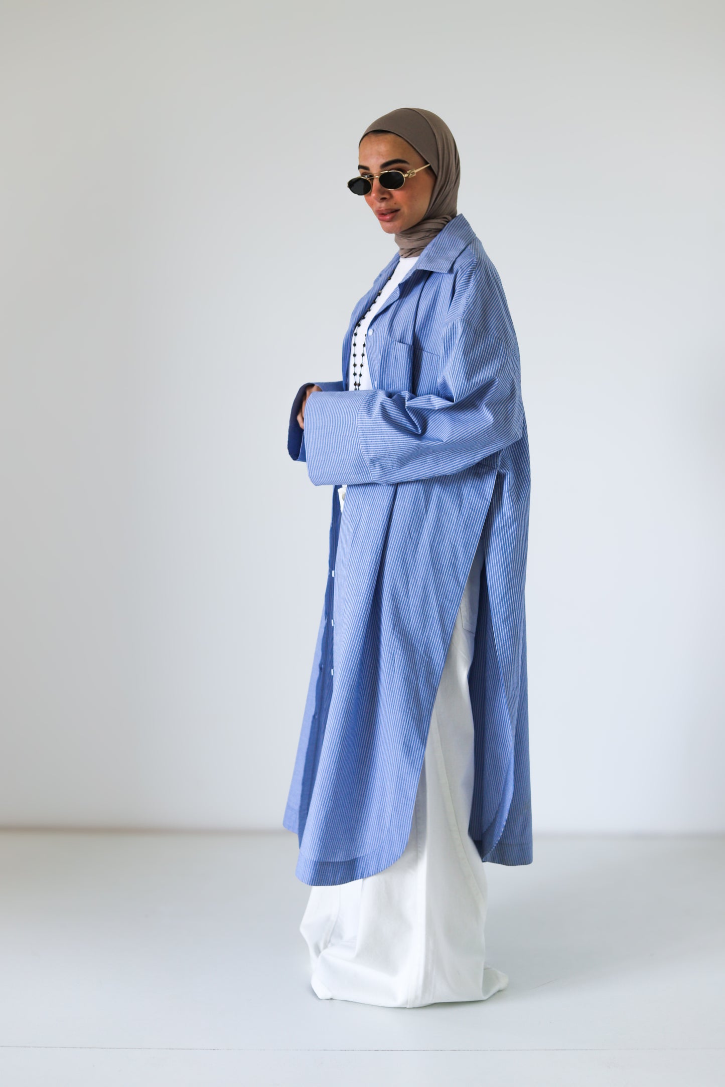 Open Slits Kimono Shirt - Blue Stripes