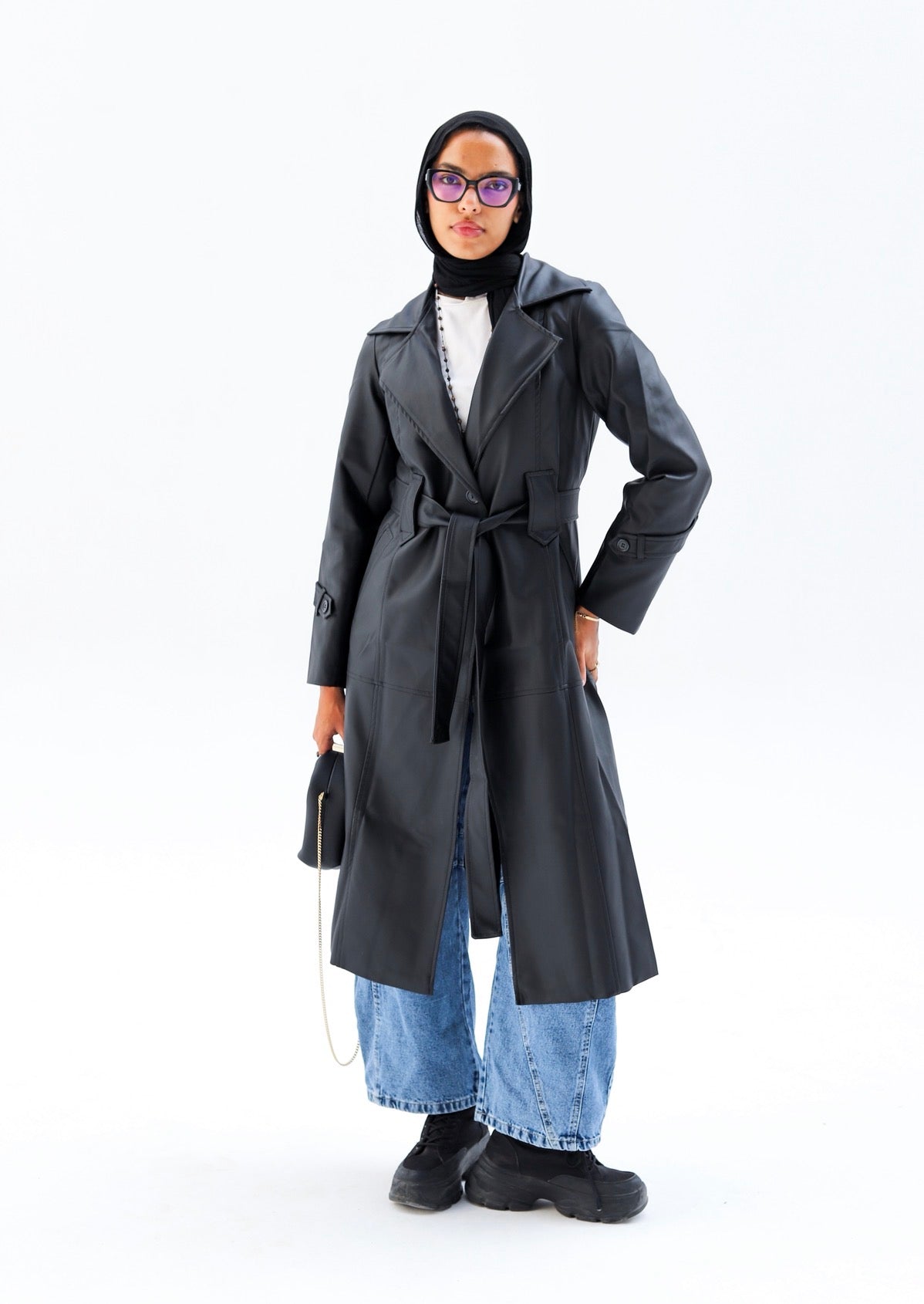 Faux Leather Coat — Black