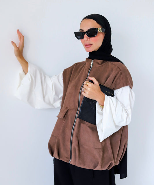 Bomber Pockets Suede Vest — Brown