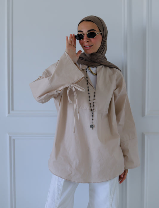 Ribbon Sleeves Shirt — Beige