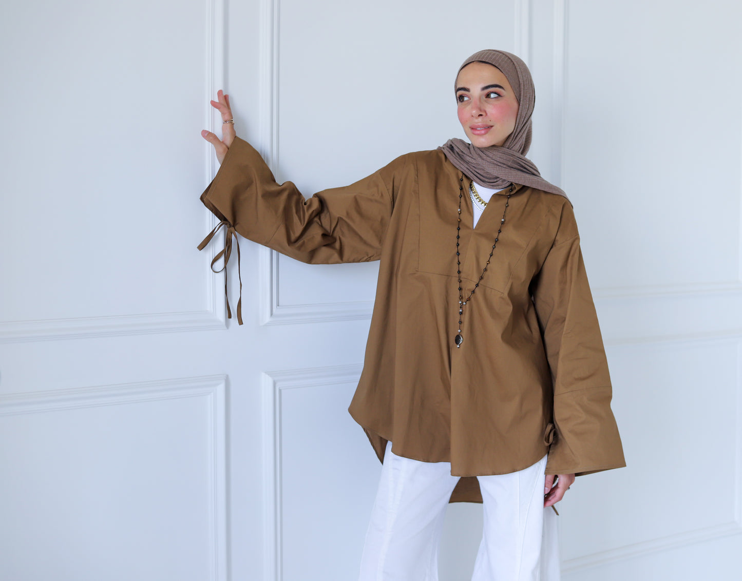 Ribbon Sleeves Shirt — Camel