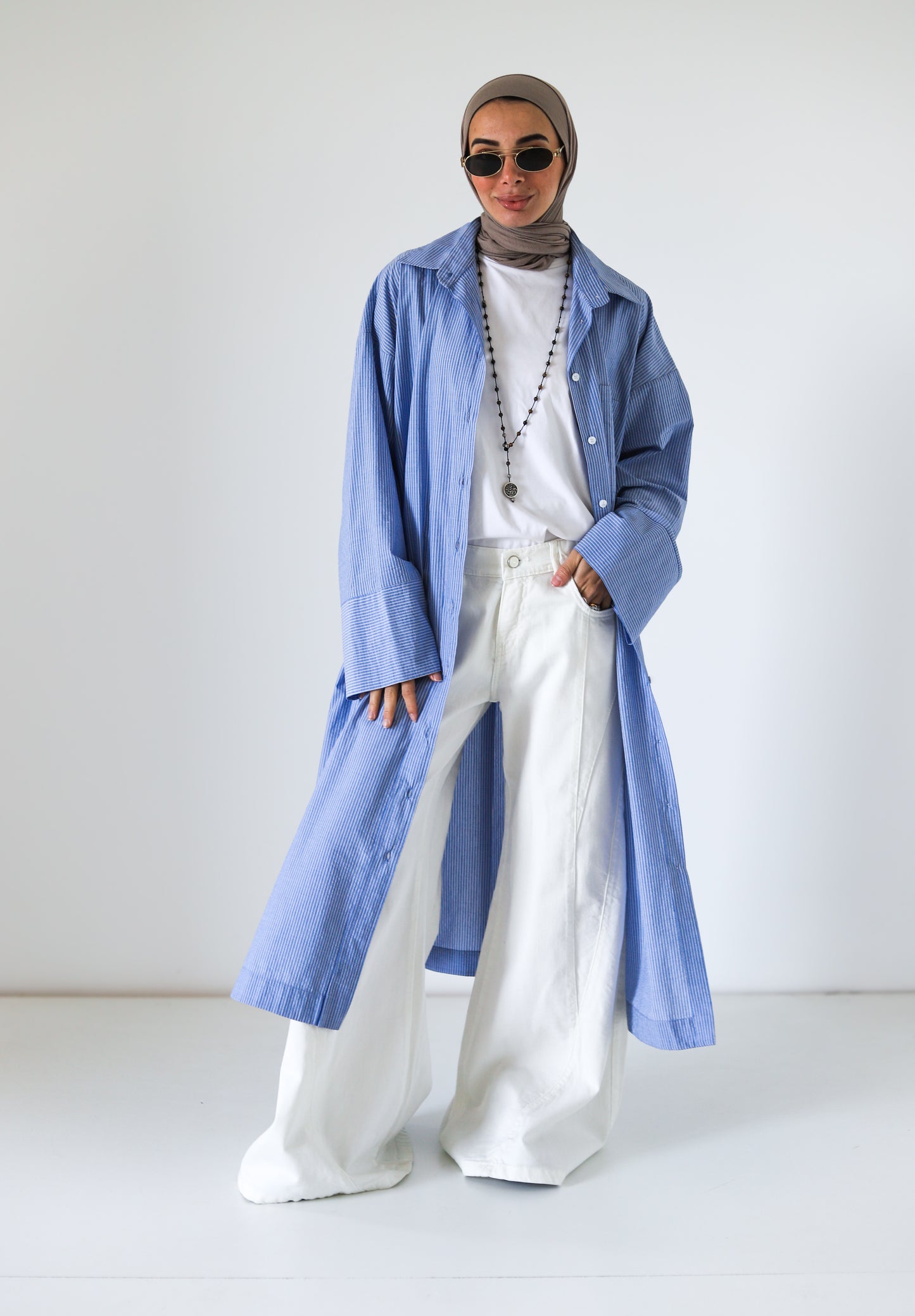Open Slits Kimono Shirt - Blue Stripes
