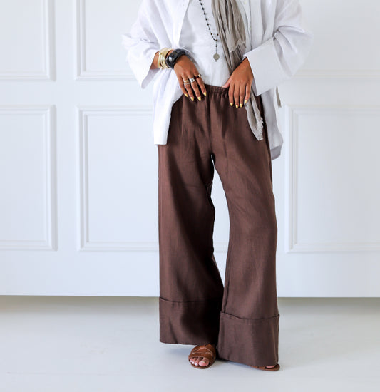 Folded 100% Linen Trousers - Brown