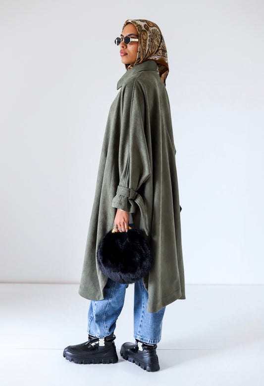 Open Sided Suede Coat — Olive