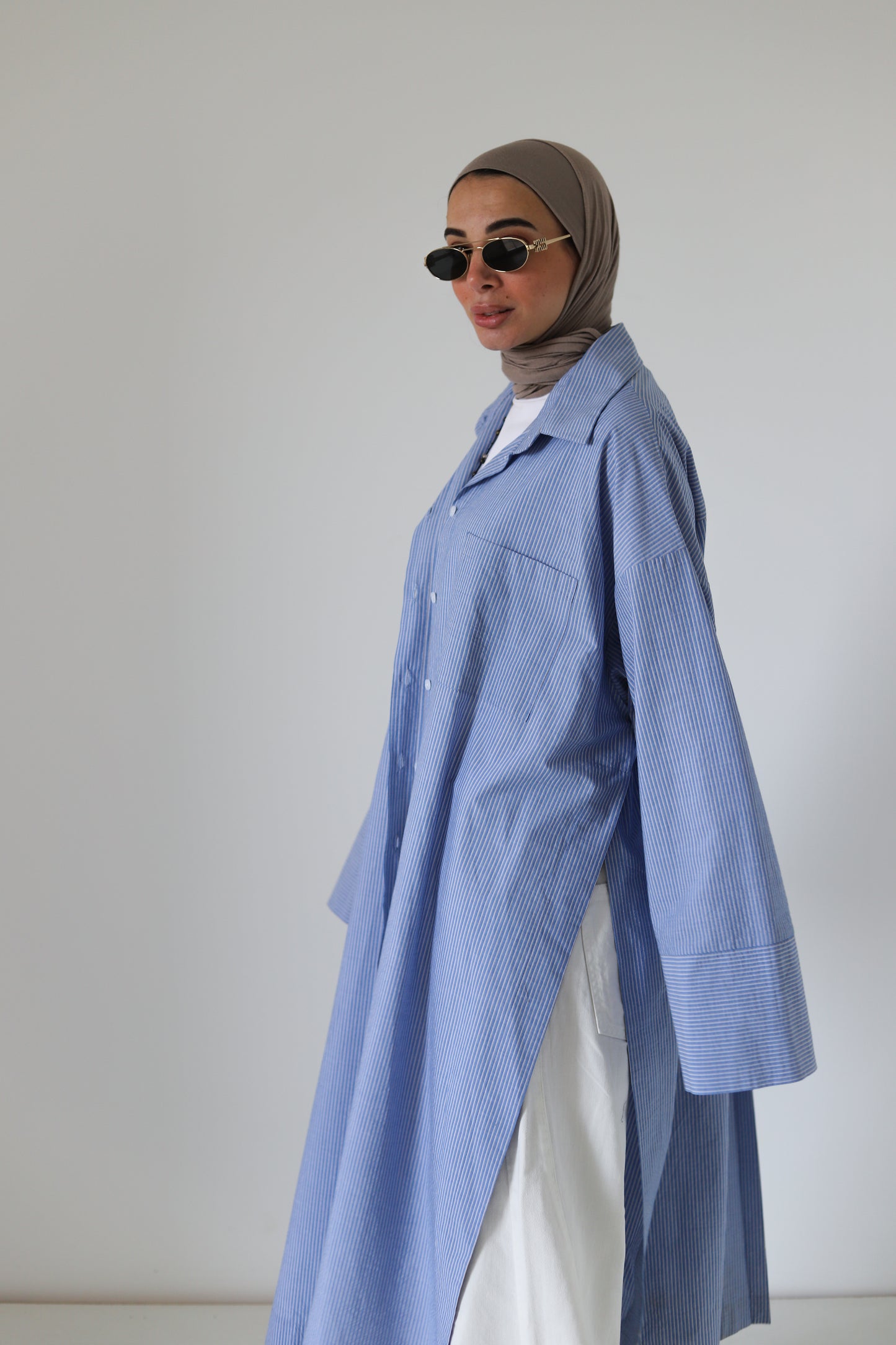 Open Slits Kimono Shirt - Blue Stripes