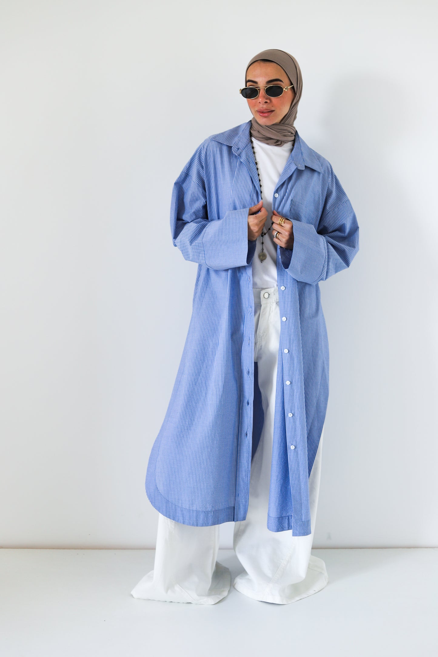Open Slits Kimono Shirt - Blue Stripes