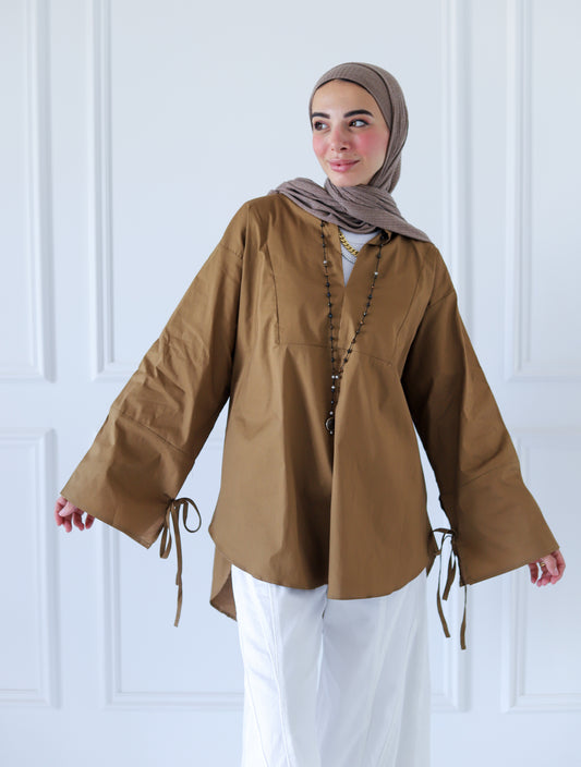 Ribbon Sleeves Shirt — Camel
