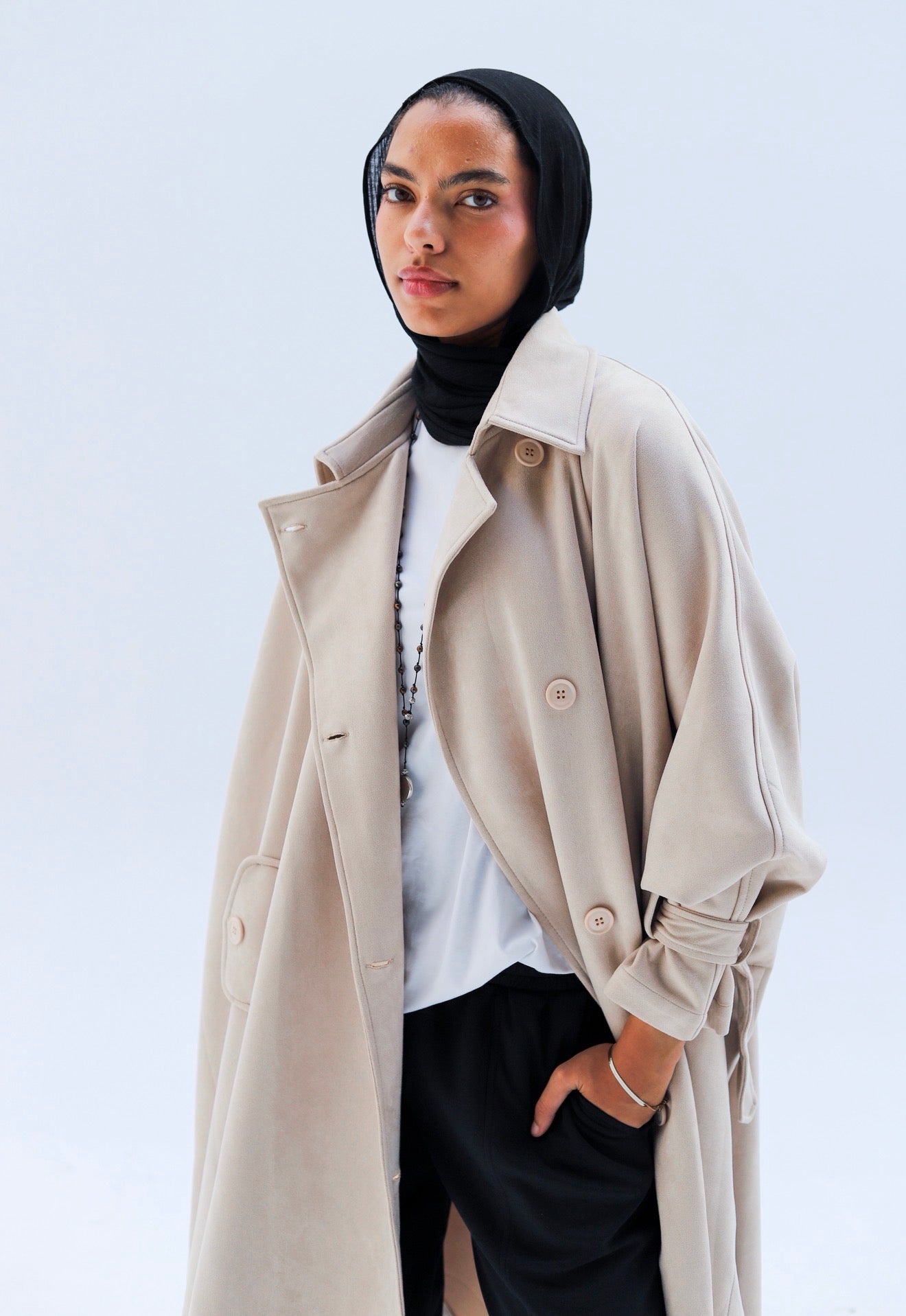 Open Sided Seude Coat — Pearl Beige