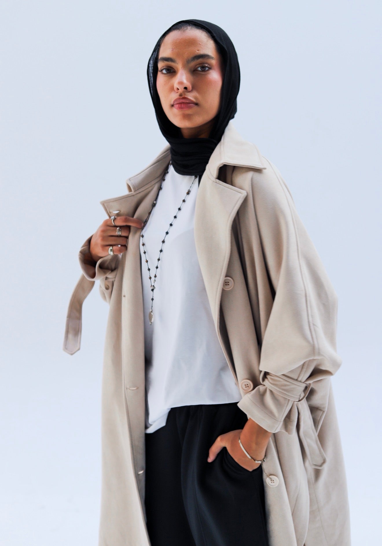 Open Sided Seude Coat — Pearl Beige