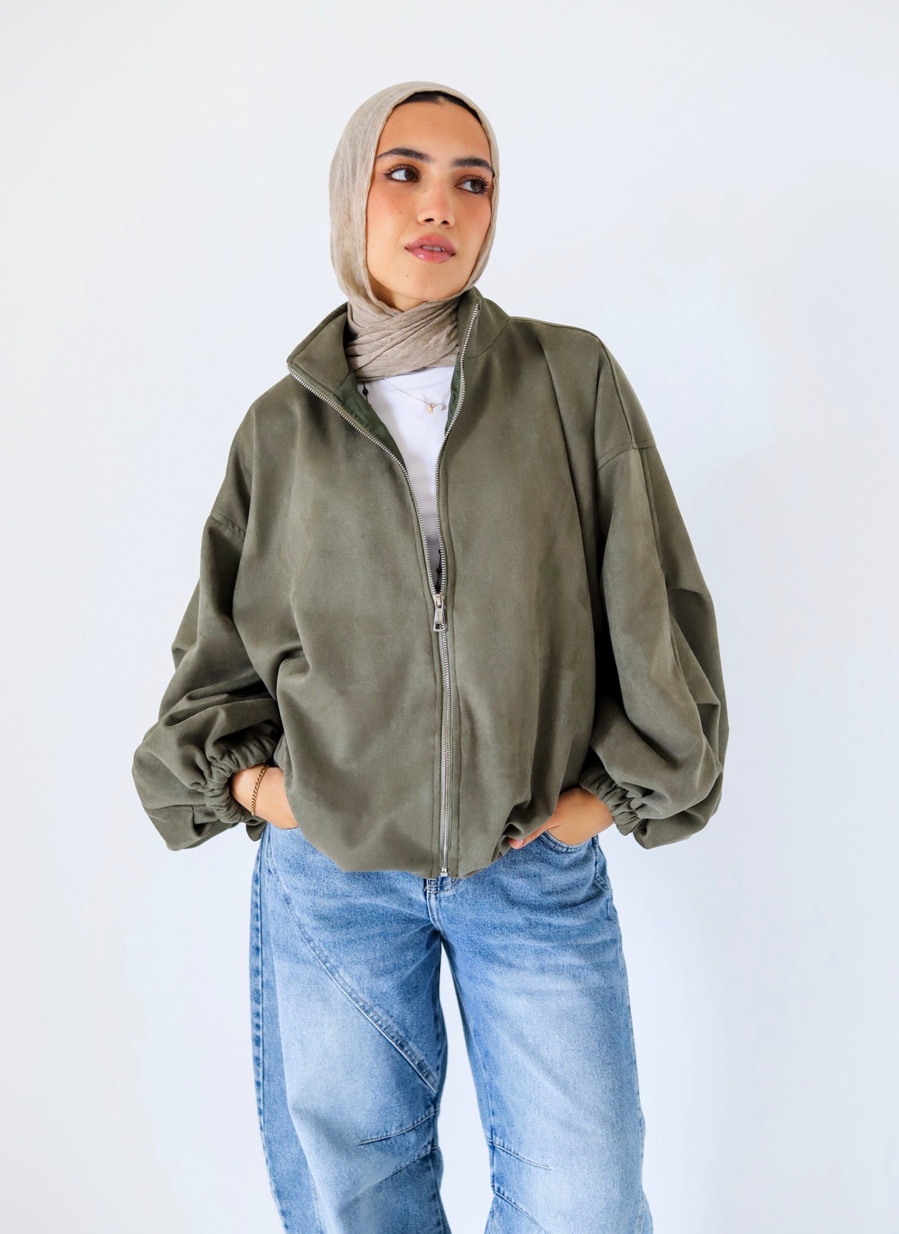 Bomber Suede Jacket — Olive
