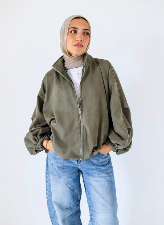 Bomber Suede Jacket — Olive