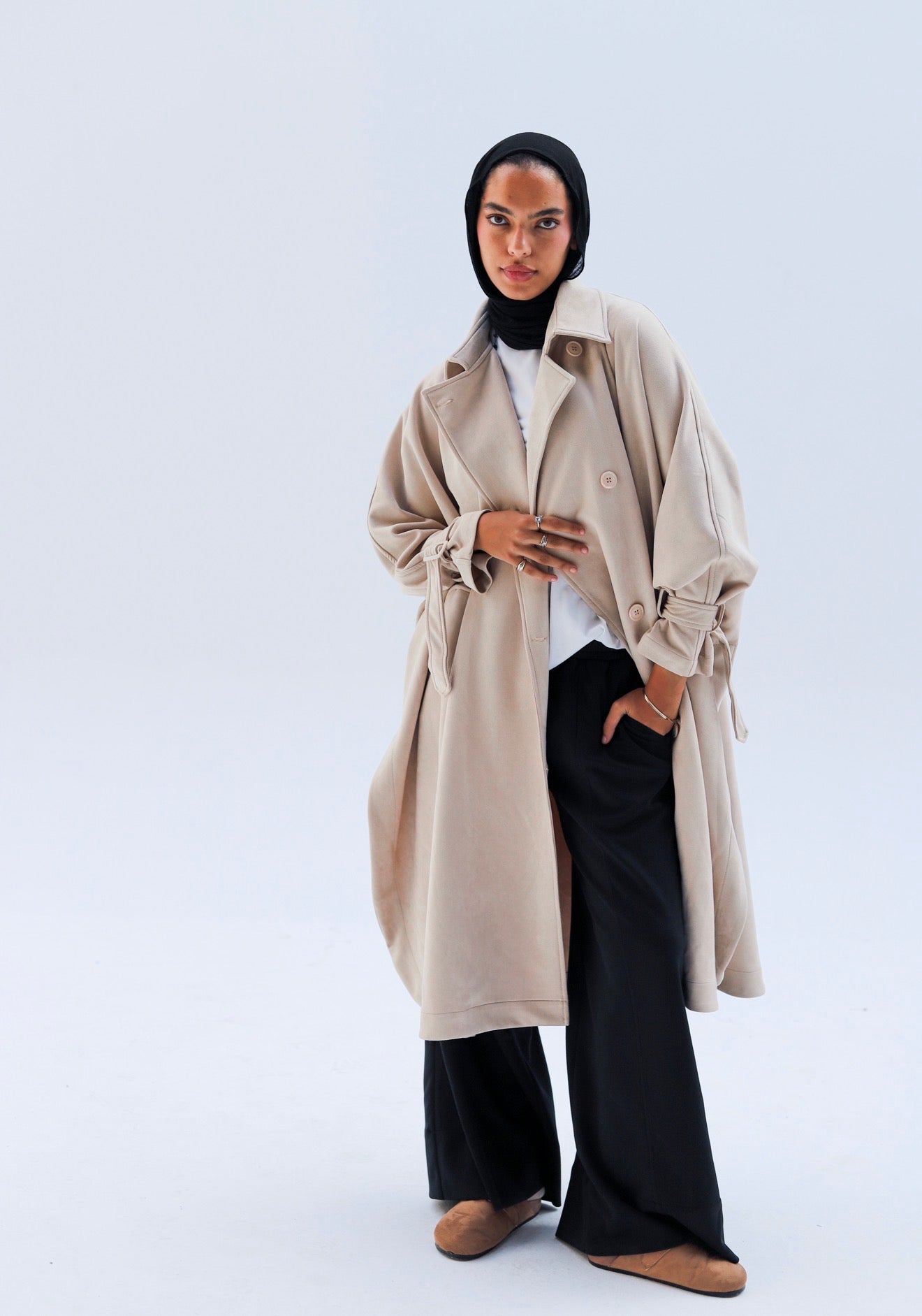 Open Sided Seude Coat — Pearl Beige