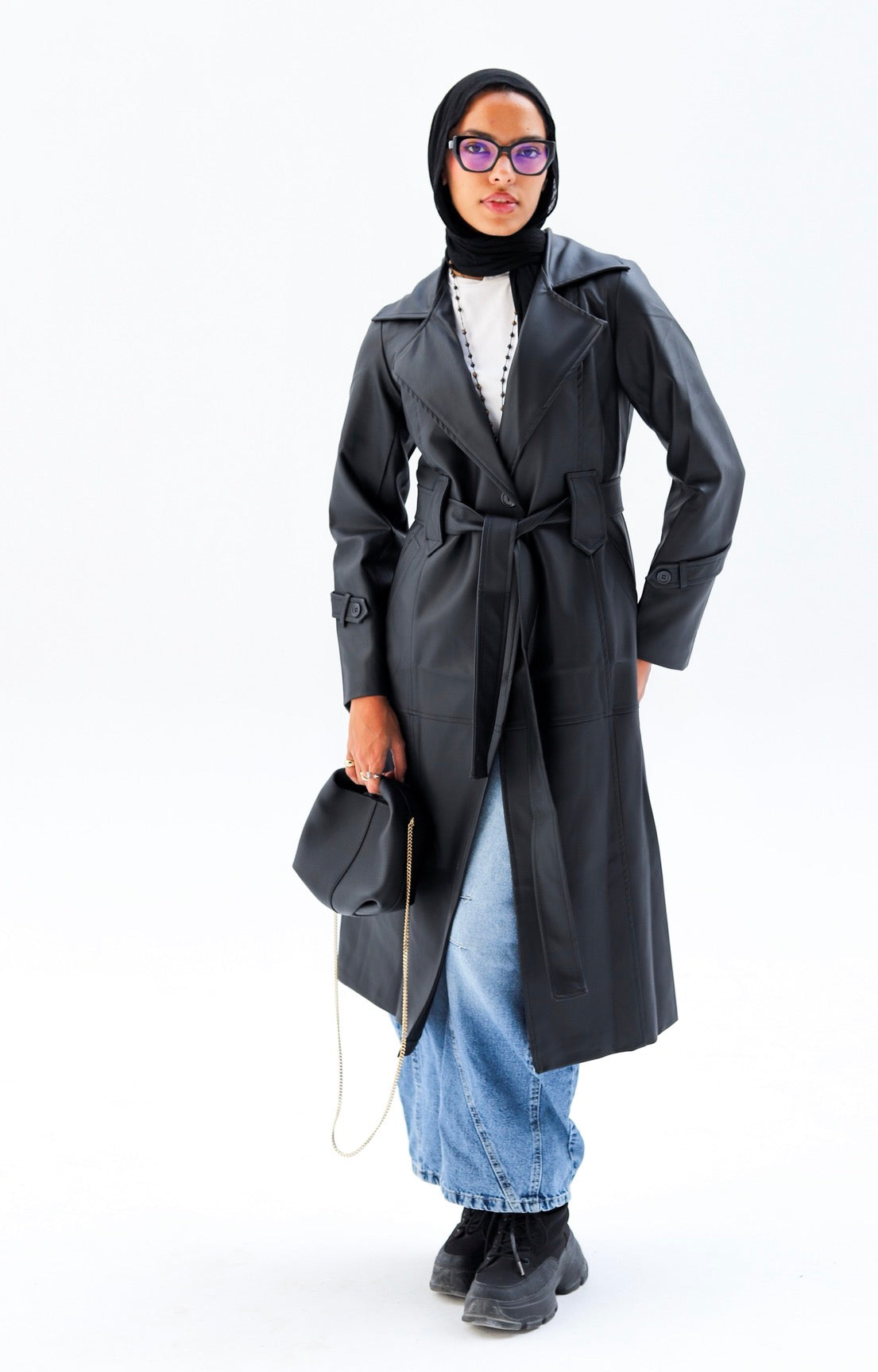 Faux Leather Coat — Black