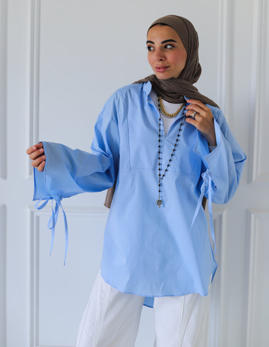 Ribbon Sleeves Shirt — Baby Blue
