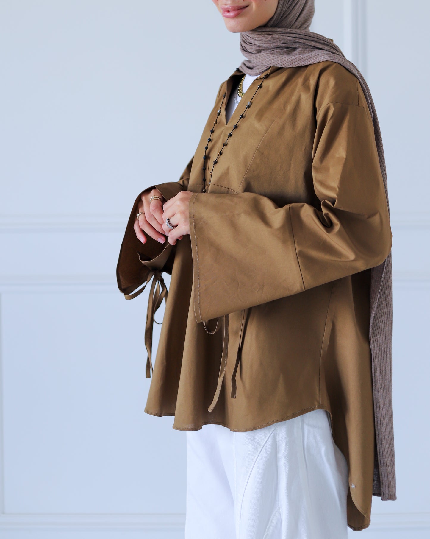 Ribbon Sleeves Shirt — Camel