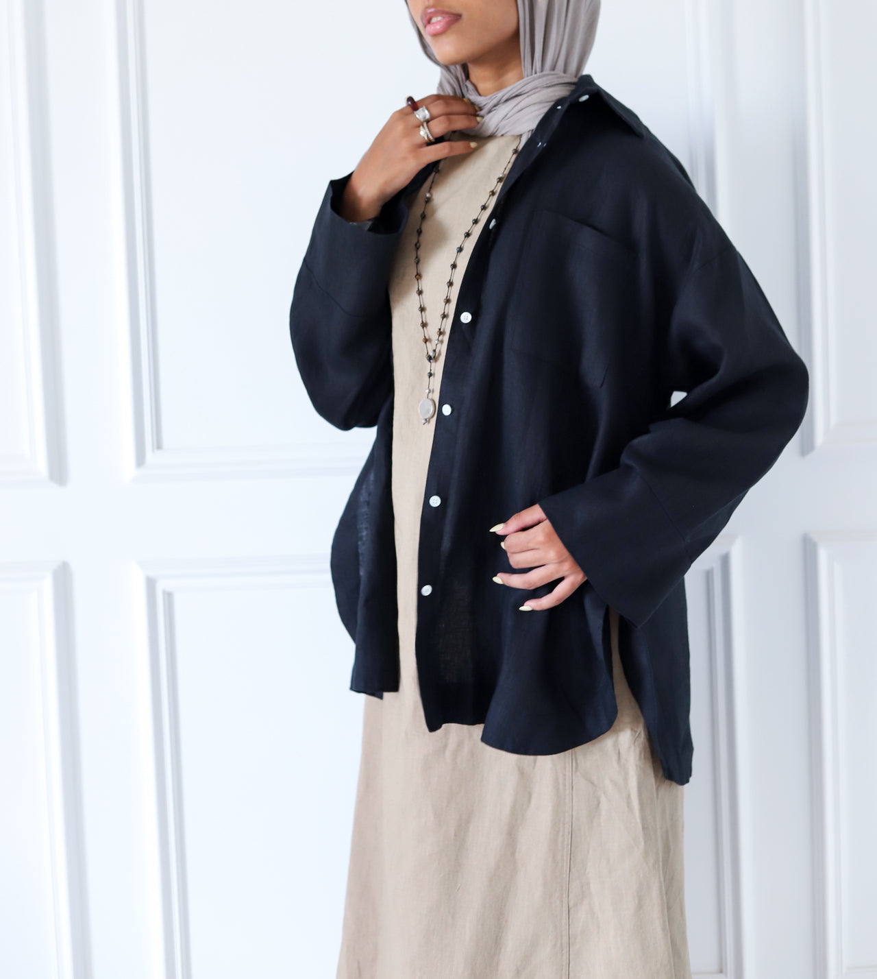 Folded Sleeveless 100% Linen Dress — Beige