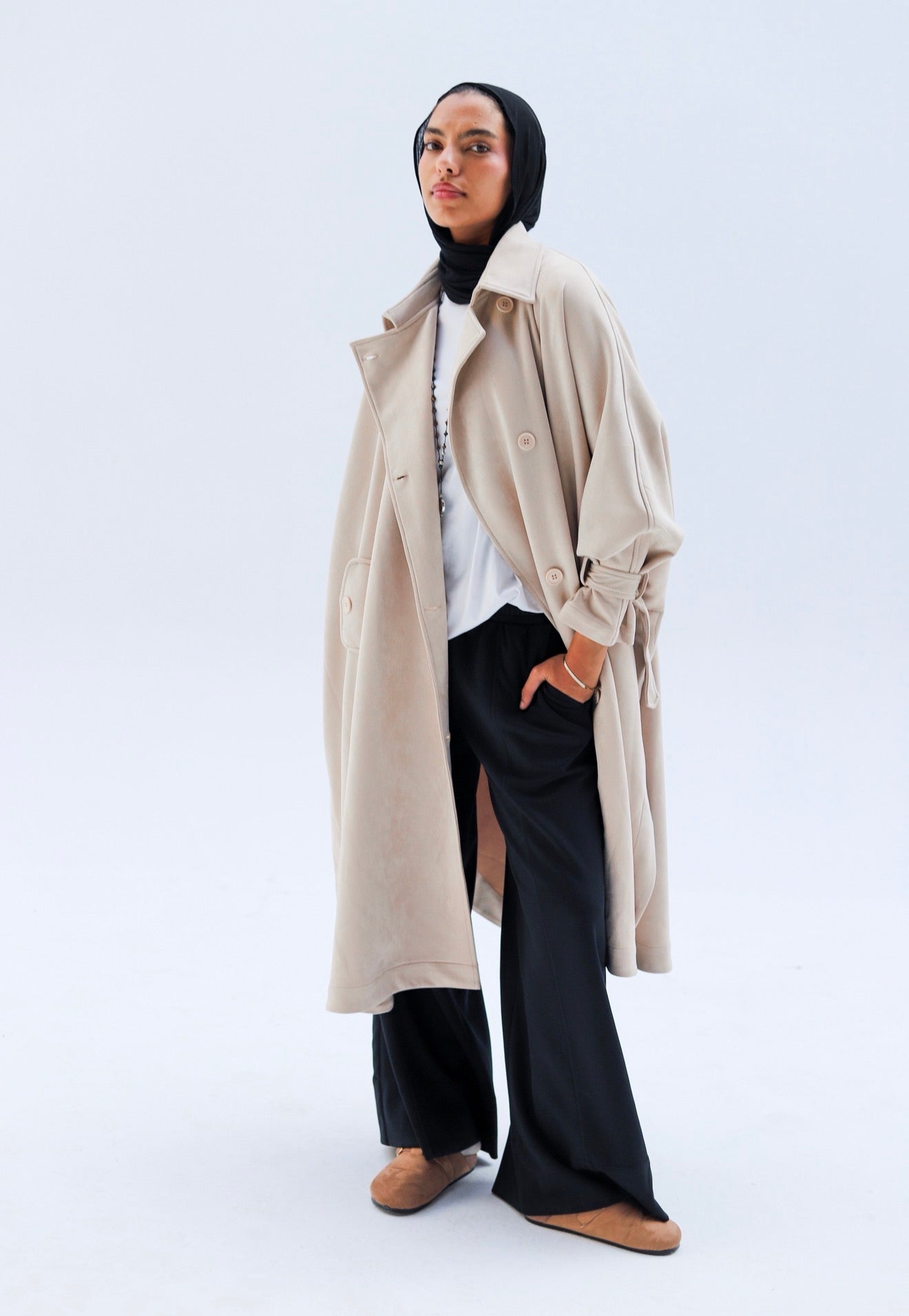 Open Sided Seude Coat — Pearl Beige
