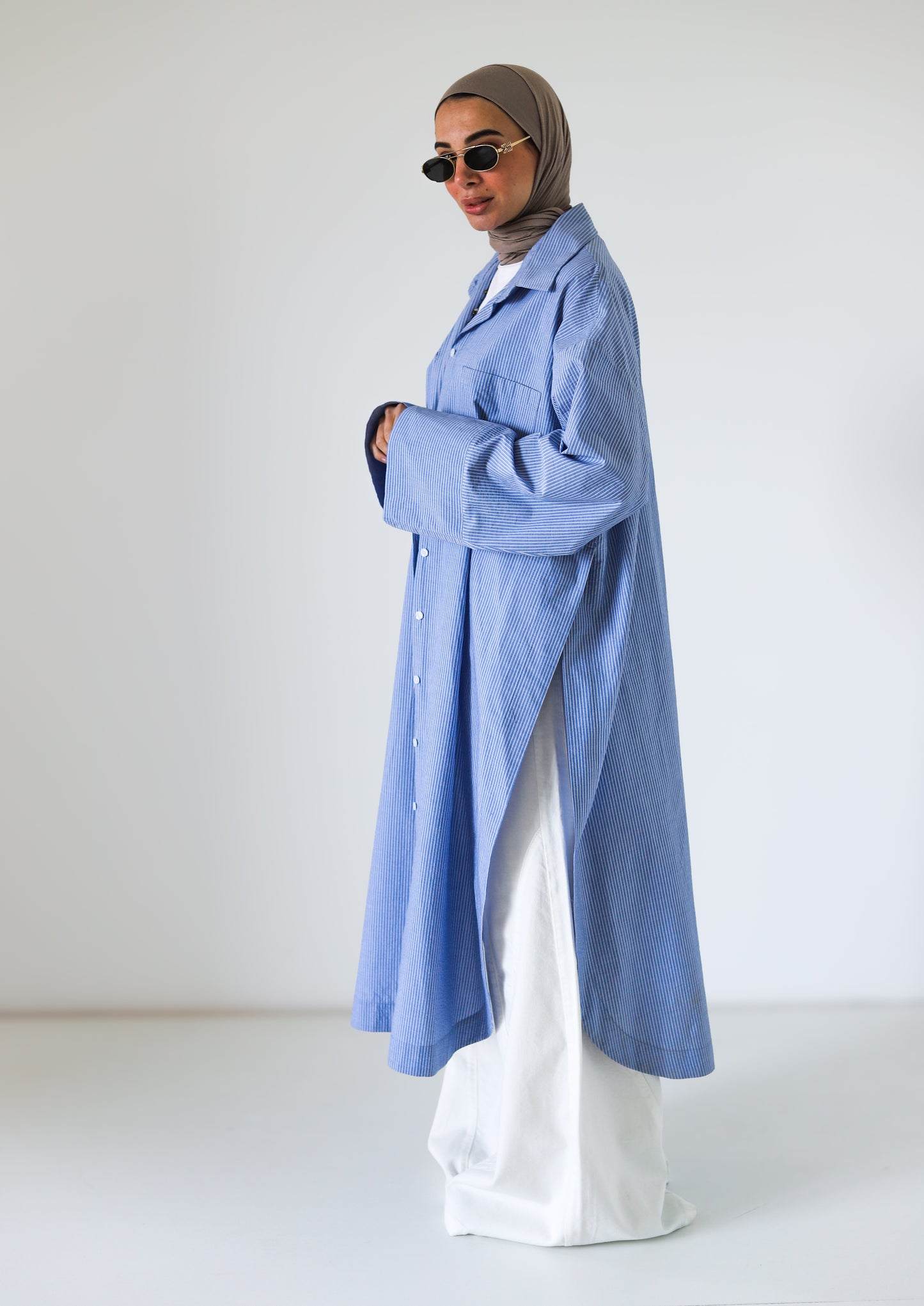 Open Slits Kimono Shirt - Blue Stripes