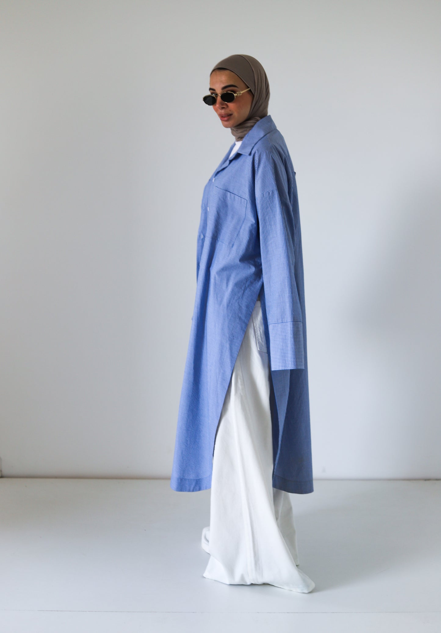 Open Slits Kimono Shirt - Blue Stripes