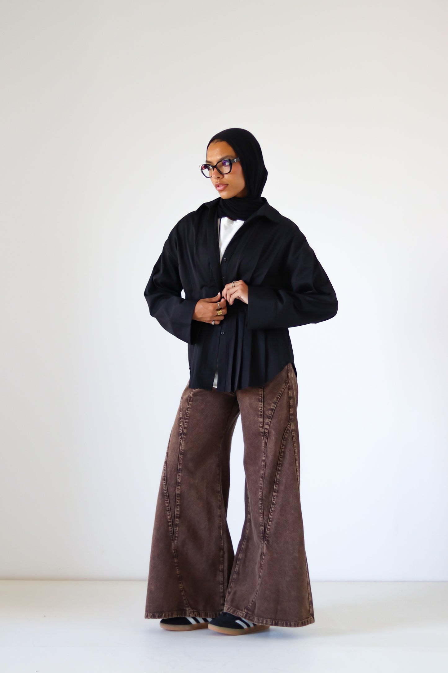 Pleated Round Shirt — Black