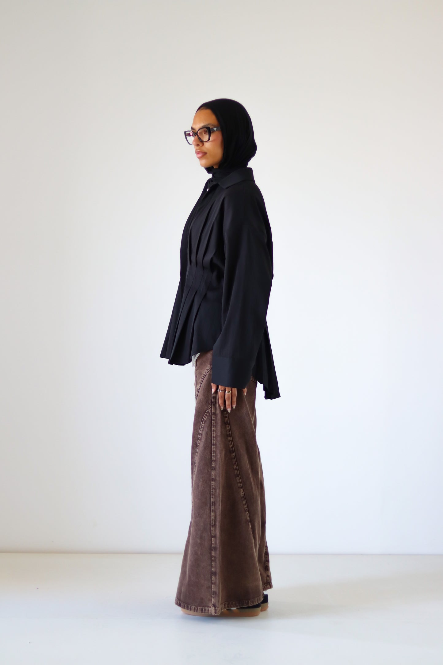 Pleated Round Shirt — Black