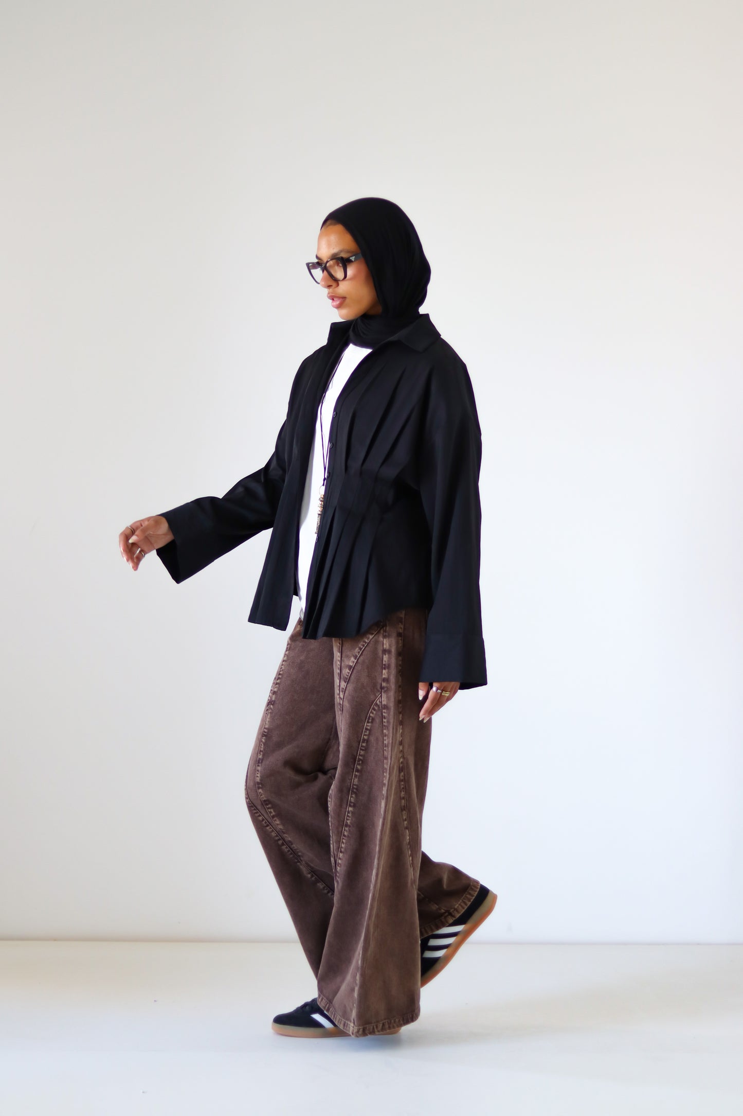 Pleated Round Shirt — Black