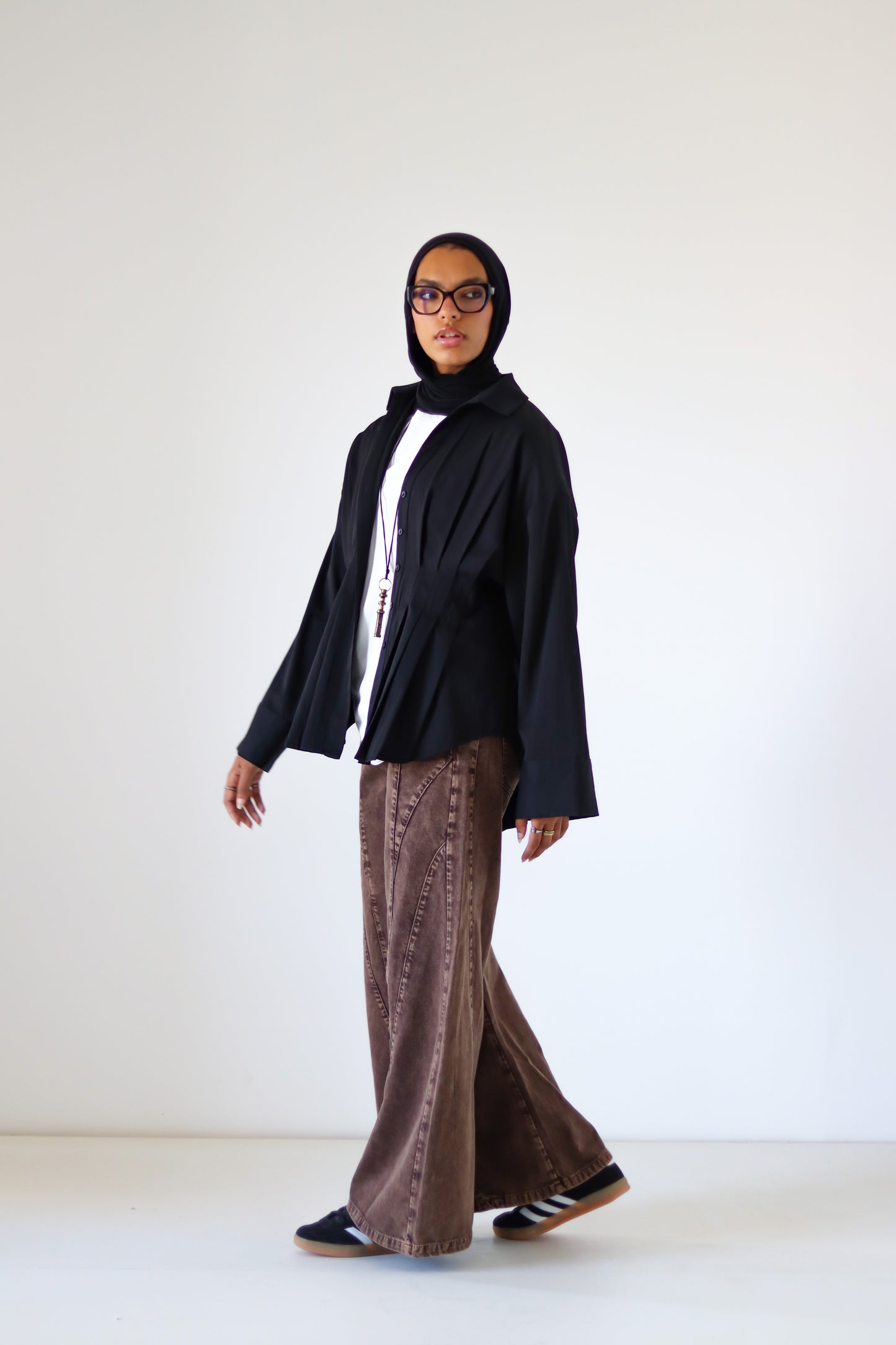 Pleated Round Shirt — Black