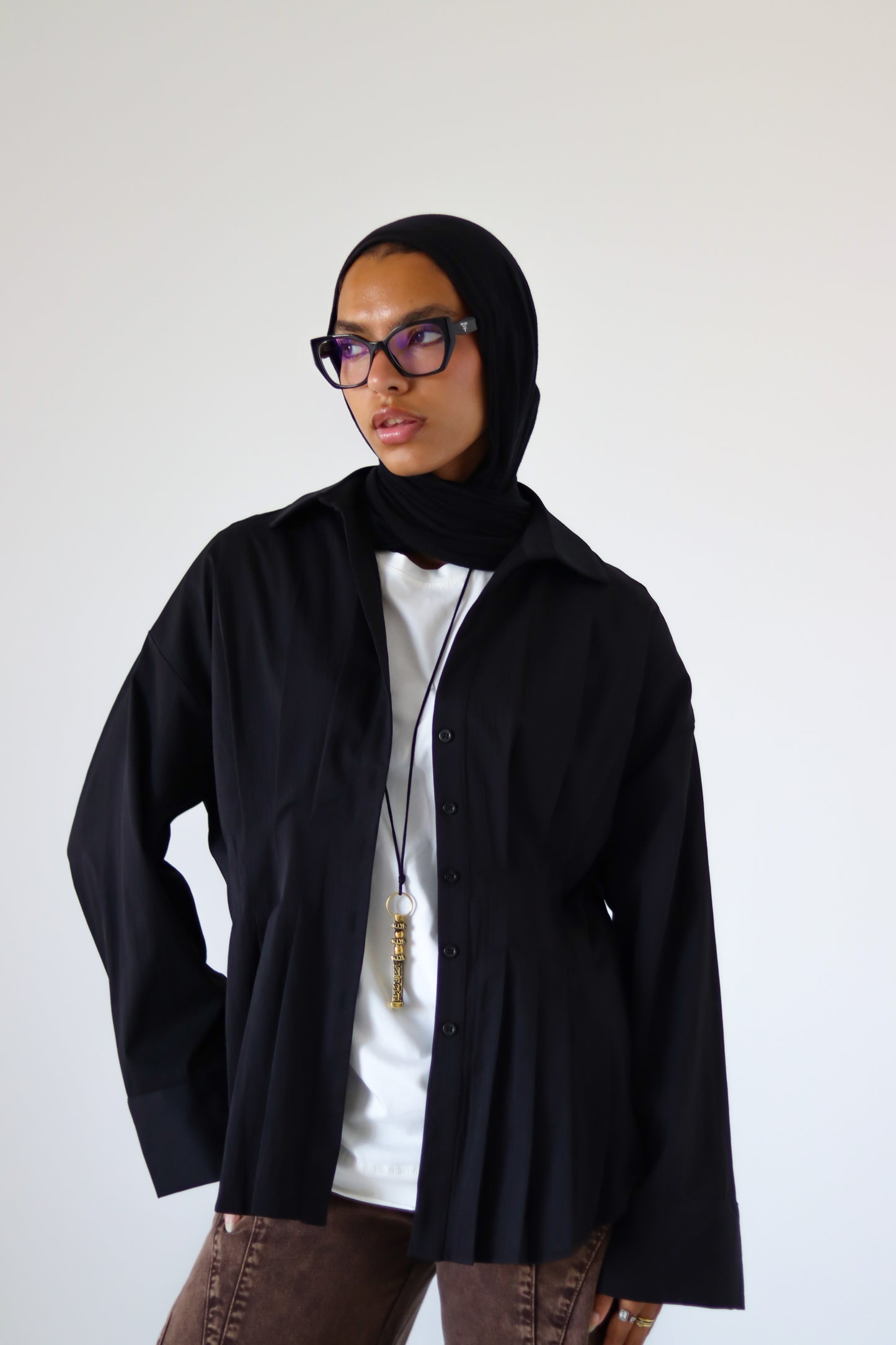 Pleated Round Shirt — Black