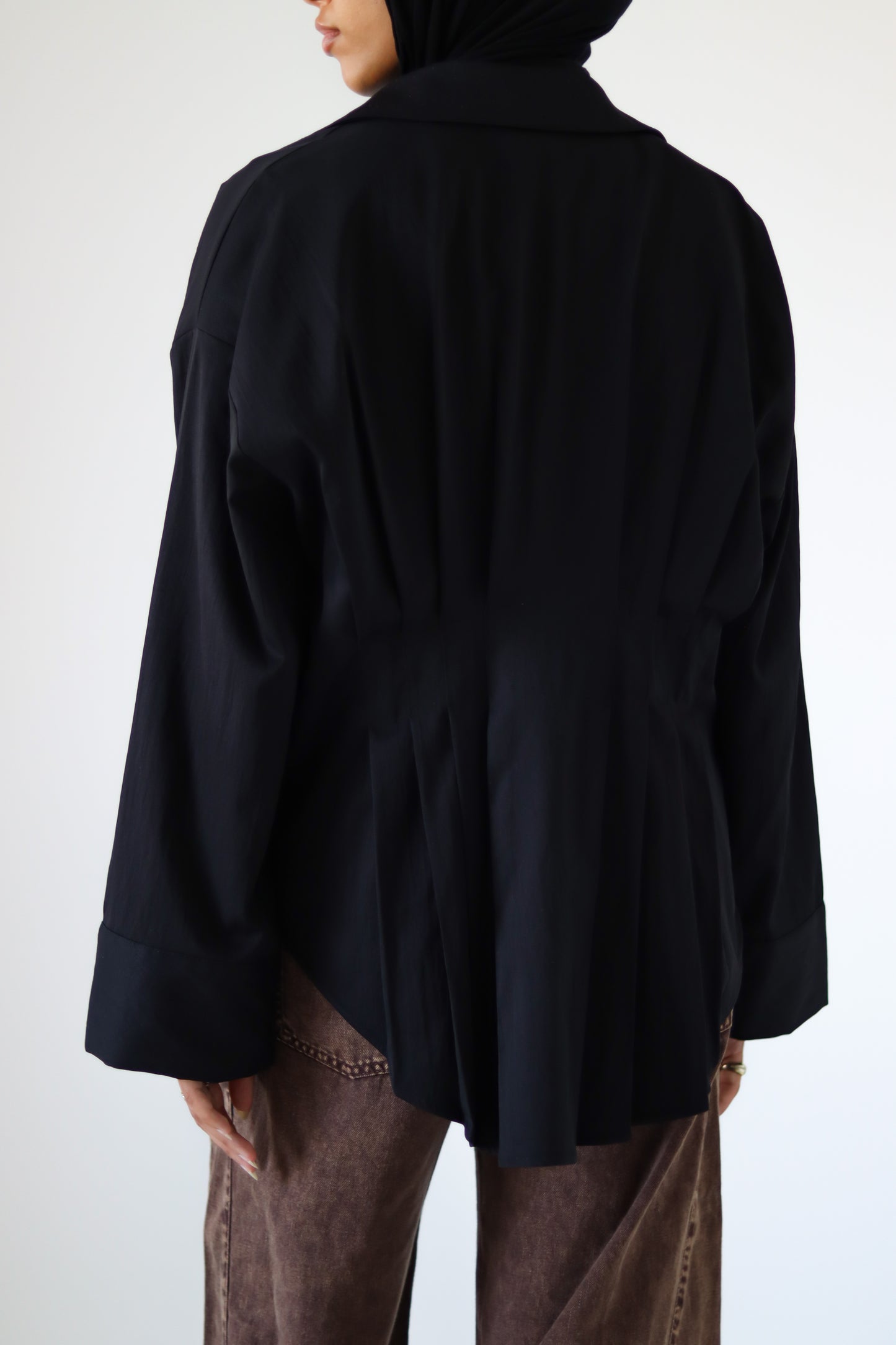 Pleated Round Shirt — Black