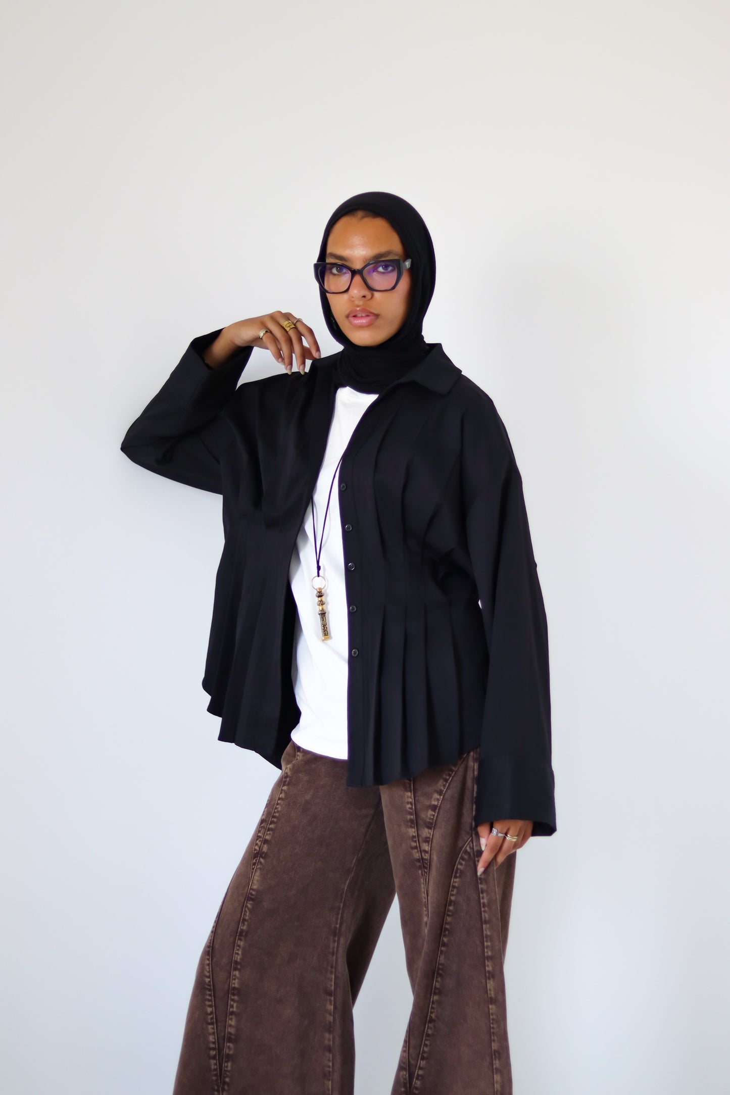 Pleated Round Shirt — Black